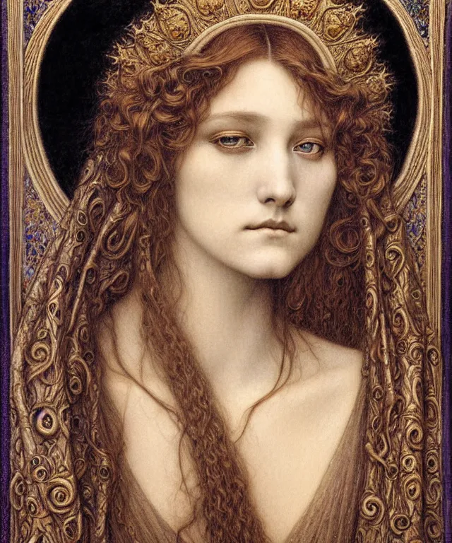 Image similar to detailed realistic beautiful young medieval queen face portrait by jean delville, gustave dore and marco mazzoni, art nouveau, symbolist, visionary, gothic, pre - raphaelite. horizontal symmetry