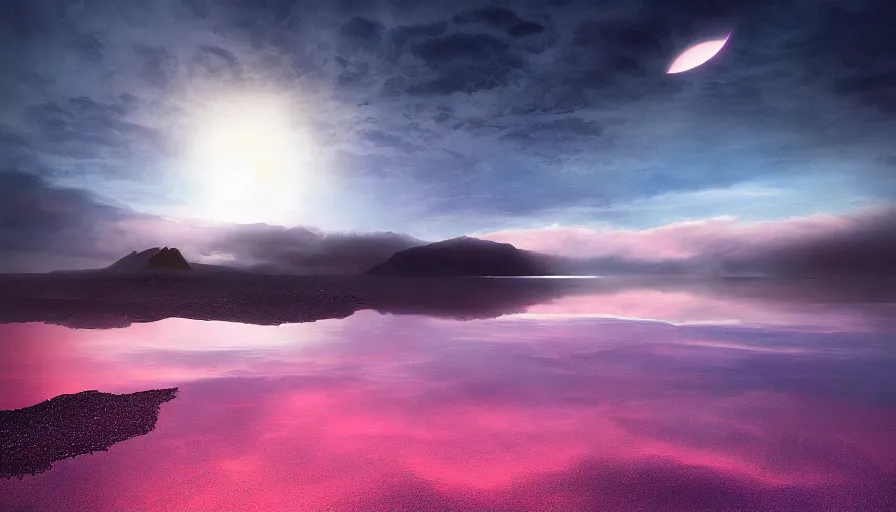 Image similar to solar eclipse in iceland, black sand, pink clouds, blue sky, water reflection, jessica rossier, art station