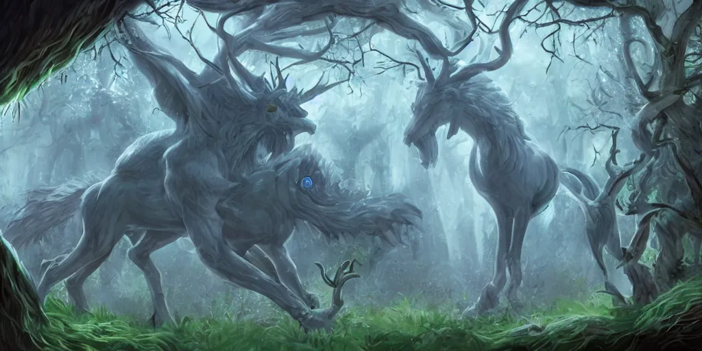 Prompt: an encounter with a mythical beast in an enchanted wood. in the style of Riven and Myst