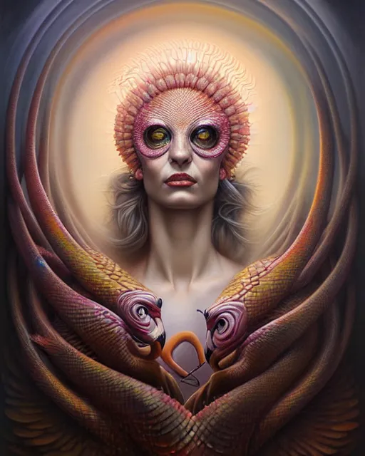 Image similar to a detailed portrait of dreampunk flamingo python hybrid mix goddess by tomasz alen kopera and peter mohrbacher