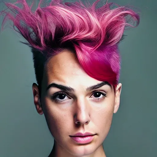 Prompt: portrait of a beautiful 20-year-old Gal Gadot cyberpunk pink hairstyle serious facial expression by Mario Testino, headshot, detailed, award winning, Sony a7R