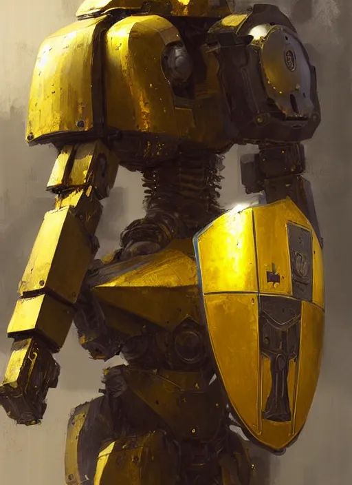 Prompt: human-sized strong intricate yellow pit droid holding paladin medieval shield!!!, pancake short large head painterly humanoid mecha, by Greg Rutkowski