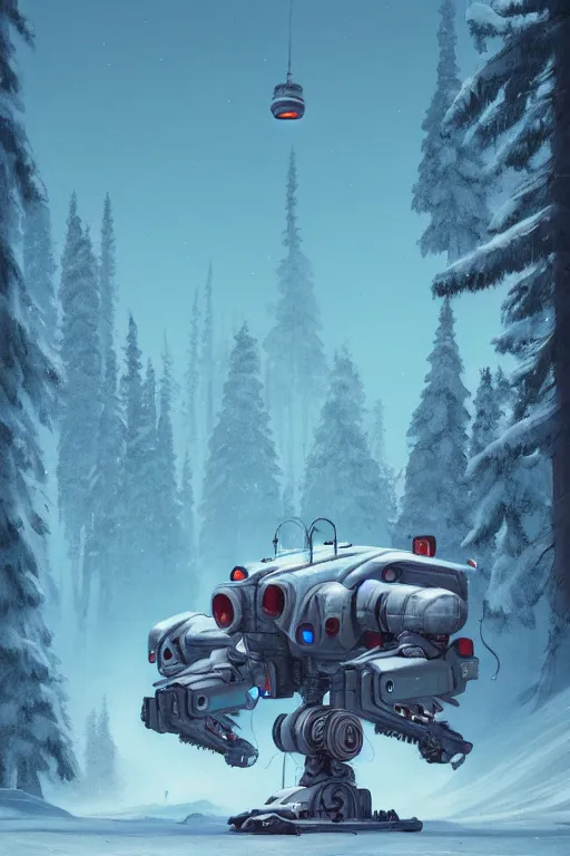 Image similar to mech at snow in finland, highly detailed, scifi, fantasy, highly detailed, digital painting, trending on artstation, concept art, sharp focus, illustration, global illumination, shaded, art by simon stalenhag