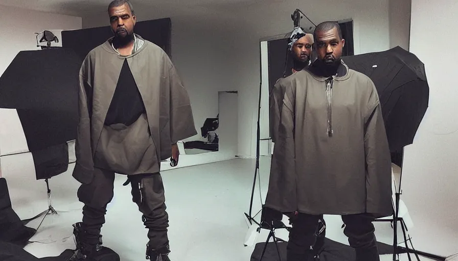 Image similar to high quality studio photo shoot of a kanye west modelling yeezy futuristic hoddle. final product shot, all round angle. trending on futuristic fashion instagram.