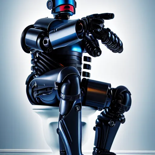 Prompt: Robocop sitting on the toilet, sigma 85mm f/1.4, 4k, depth of field, high resolution, 4k, 8k, hd, full color