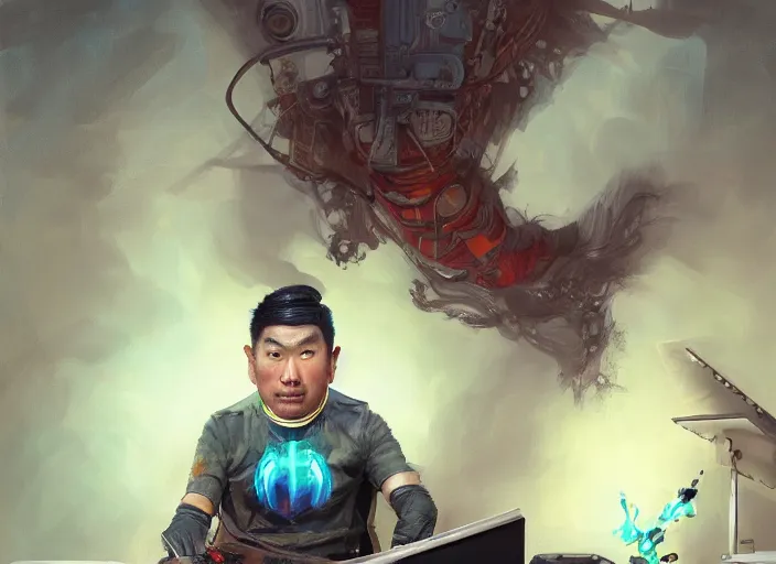 Image similar to an insanely detailed painting of an asian man wearing a homemade superhero costume, sitting at a desk, staring seriously at the computer and typing, in the style of peter mohrbacher, james jean, ruan jia, dramatic lighting and composition, surreal background, octane render, pixar, trending on artstation, concept art, comic book, view from behind, 8 k