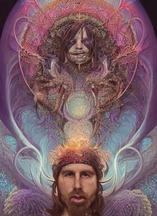 Prompt: duncan trussell, shamanic poster lsd art, intricate, elegant, highly detailed, centered, digital painting, artstation, concept art, smooth, sharp focus, illustration, artgerm, tomasz alen kopera, peter mohrbacher, donato giancola, joseph christian leyendecker, wlop, frank frazetta