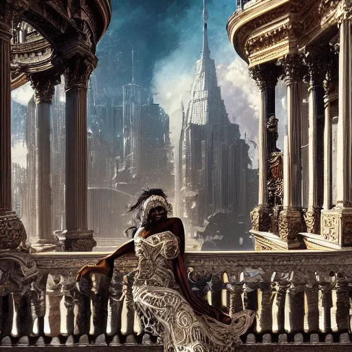 Prompt: full body shot of a black woman sitting on an ornate balcony railing surrounded by ornate roman columns looking down at a sci - fi fantasy city, digital painting, intricately detailed, highly detailed, artwork by greg rutkowski, folly, mania, extravagance, intoxication, delirium, frenzy, bewrayment