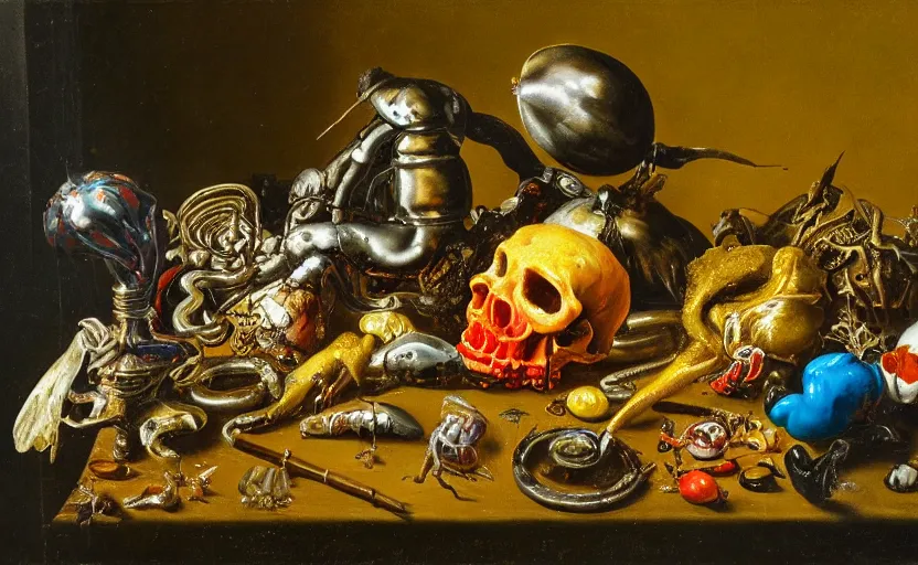 Image similar to disturbing colorful oil painting dutch golden age vanitas still life with bizarre objects strange gooey surfaces wet shiny metal bizarre insects rachel ruysch dali todd schorr very detailed perfect composition rule of thirds masterpiece canon 5 0 mm, cinematic lighting, photography, retro, film, kodachrome