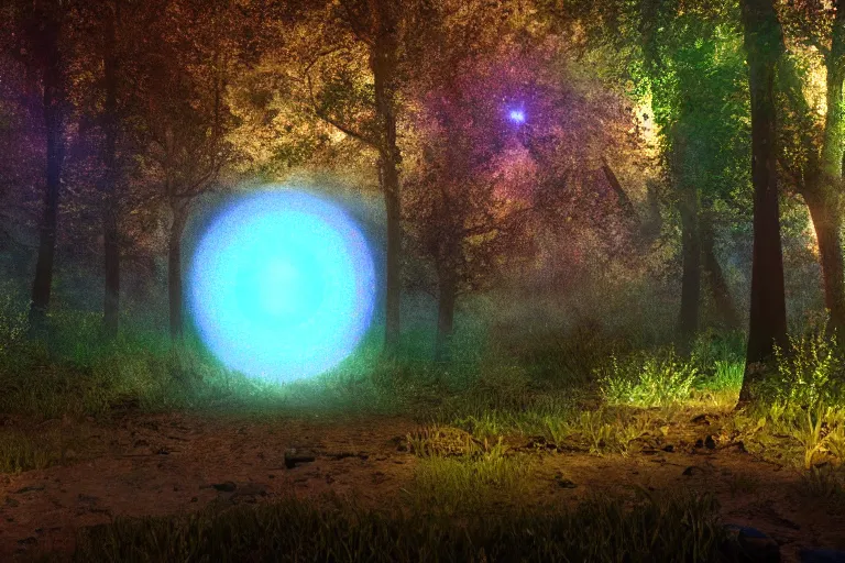 Image similar to A cosmic portal inside an enchanted forest. Cinematic lighting. Photorealism.