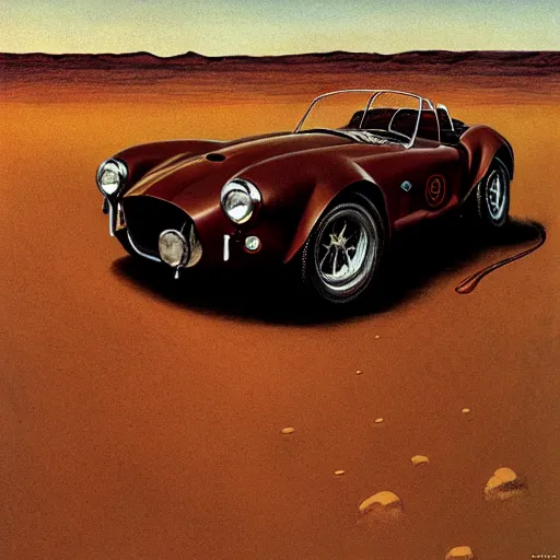 Prompt: closeup of rusty shelby cobra, vine covered, desert, cracked dry lake bed, by Zdzislaw Beksinski, Norman Rockwell, al duke, boris vallejo, highly detailed, soft lighting, film grain, 8k resolution, hd, oil on canvas