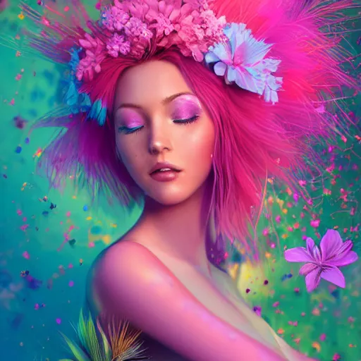 Image similar to a divine feminine woman, pink hair, rosey cheeks, sparkles on eyelids, surrounded by lush flowers and feathers in bright abstract colours, ultra realistic digital painting, artstation, concept art, pop, smooth, sharp focus, illustration, art by dean corwell 3 d 8 k ultra detailed