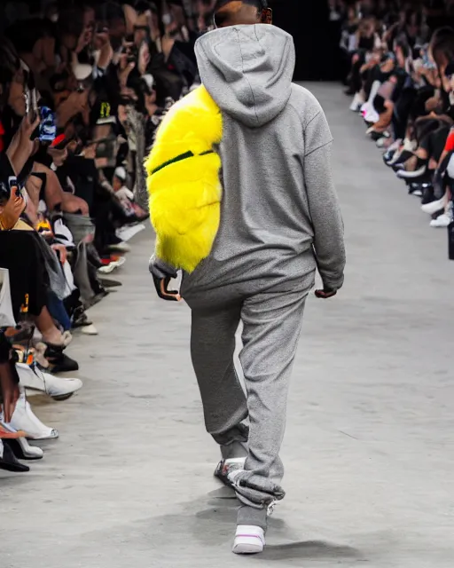 Image similar to hyperrealistic and heavy detailed 2321s Yeezy runway show of Pikachu , Leica SL2 50mm, vivid color, high quality, high textured