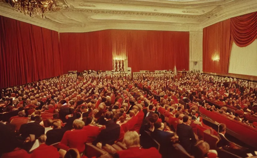 Image similar to 60s movie still of a CCCP congress in a stanilist style palace interior, by Irving Penn , cinestill 800t 35mm eastmancolor, heavy grainy picture, very detailed, high quality, 4k, HD criterion, precise texture