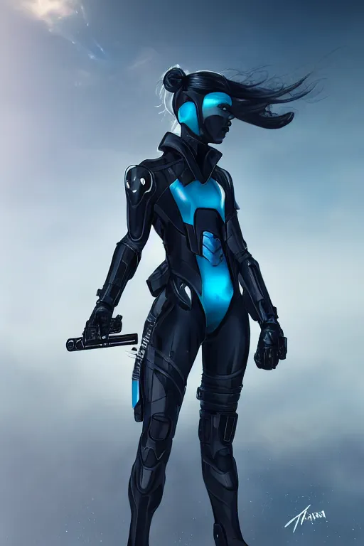 Image similar to a stunning picture of a beautiful young woman wearing futuristic deep black battle bodyarmor and legings with ombre navy blue teal hairstyle blowing in the wind shouldering a futuristic rifle by marvel comics, digital art, trending on artstation