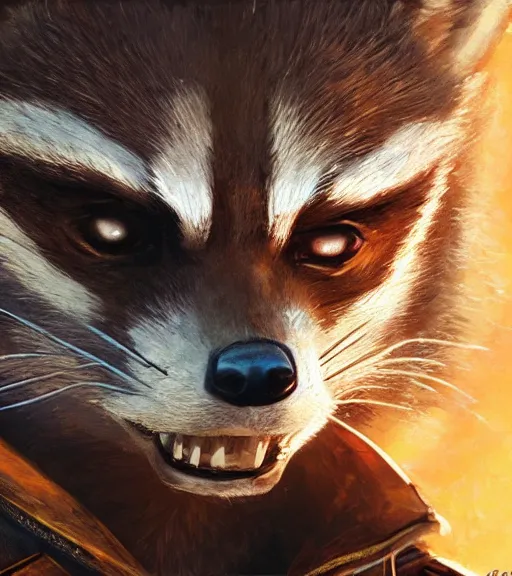 Prompt: a closeup portrait of Rocket Raccoon by Craig Mullins; extraordinary-masterpiece; realistic-lighting; anatomically-correct; 90mm; f/1.4