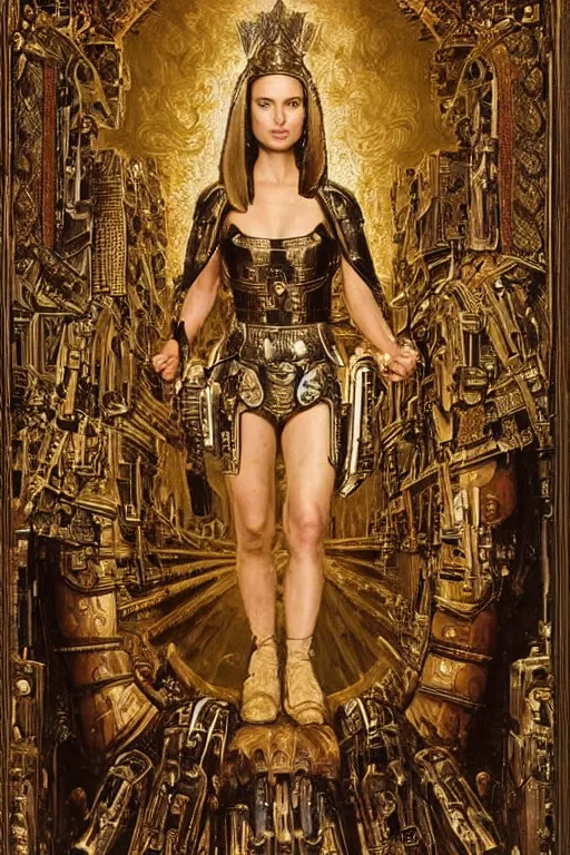 Prompt: portrait of natalie portman as warrior of dark futuristic robotic world, by jan van eyck, h r giger, mysticism, intricate, highly ornate dark gold trim armoury