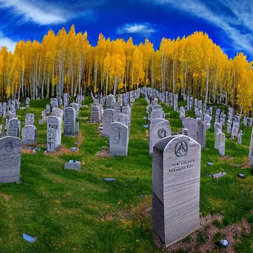 Prompt: Aspen Cemetery in the mountains with ornate tombstones of various colors with an Aspen grove in the center, high resolution, 4k, sharp, ultra detailed, cloudy, mountains