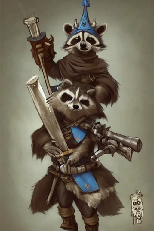 Image similar to cute anthropomorphic Raccoon knight wearing a cape and a crown and holding a sniper, tiny, small, short, pale blue armor, cute and adorable, pretty, beautiful, DnD character art portrait, matte fantasy painting, DeviantArt Artstation, by Jason Felix by Steve Argyle by Tyler Jacobson by Peter Mohrbacher, cinematic lighting