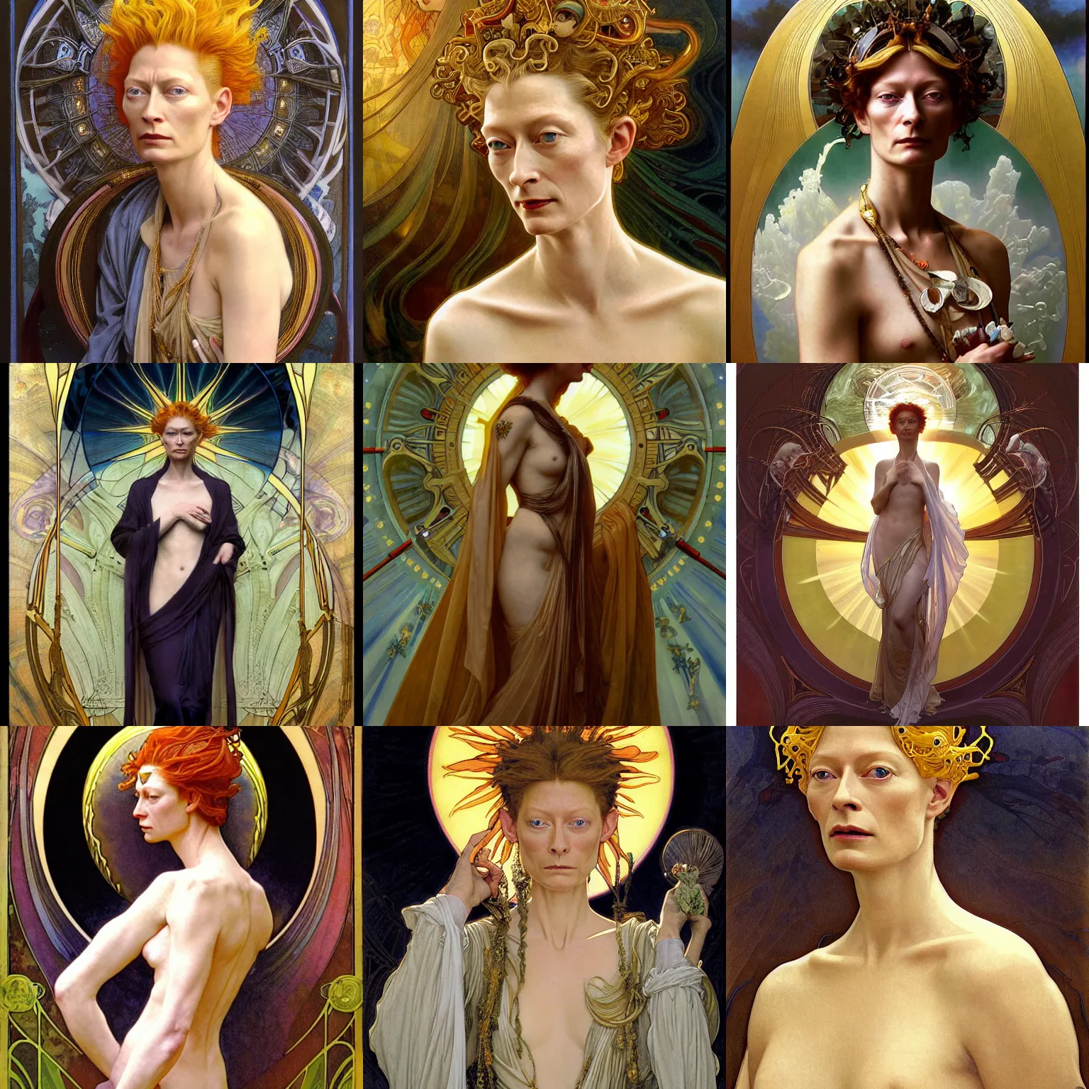 Prompt: stunning, breathtaking, awe-inspiring award-winning concept art nouveau painting of attractive Tilda Swinton as the goddess of the sun, with anxious, piercing eyes, by Alphonse Mucha, Michael Whelan, William Adolphe Bouguereau, John Williams Waterhouse, and Donato Giancola, cyberpunk, extremely moody lighting, brilliant use of light and shadow, atmospheric, cinematic, 8K
