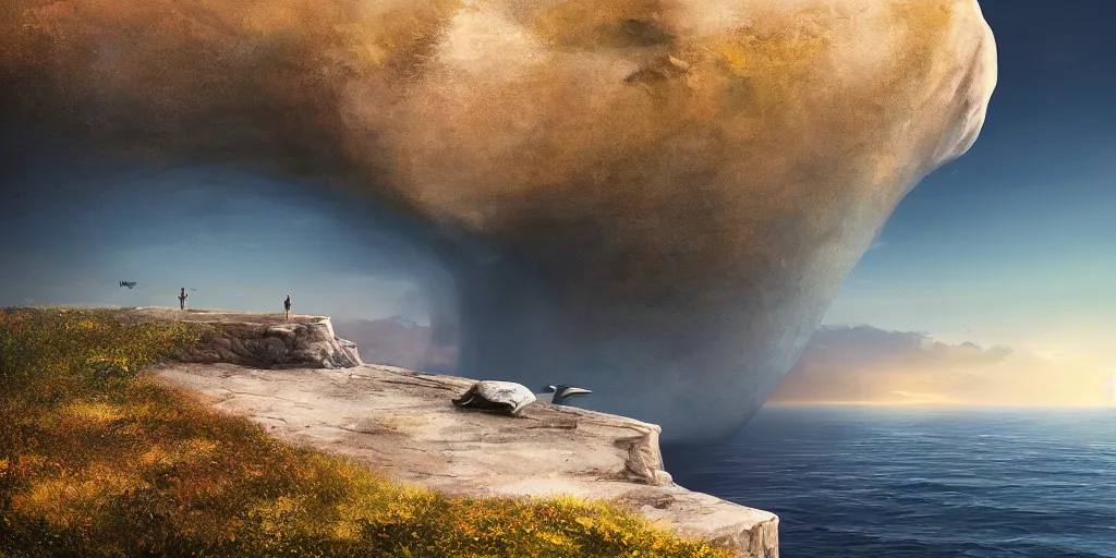 Prompt: Field on the edge of a cliff overlooking an ocean with a whale in it by Jessica Rossier