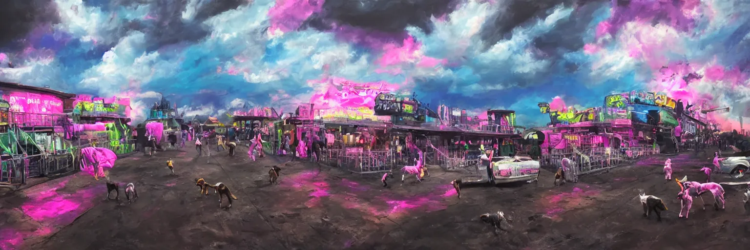 Image similar to oil painting, dog run, pink, ultra detailed, the middle view dog, run, spase dogs and punks running with neon mohawks, space, dark, stars, pirate neon ship with punks on board, neon, rich deep colors masterpiece, contrast, clouds, sky, volumetric light, atmospheric lighting, dramatic, moody, octane render