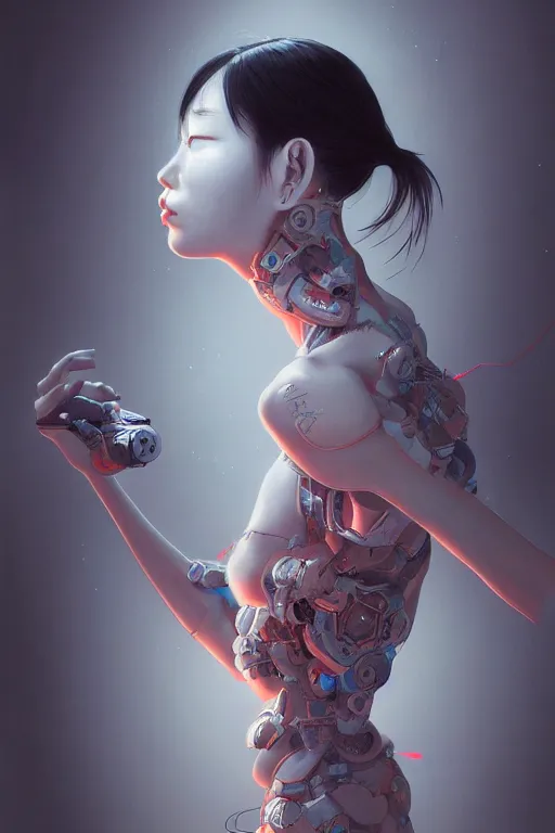 Image similar to hyperrealistic photography of a machine entering a female host in the style of Jin Kagetsu, James Jean and wlop, highly detailed, sharp focus, intricate concept art, digital painting, ambient lighting, 4k, artstation