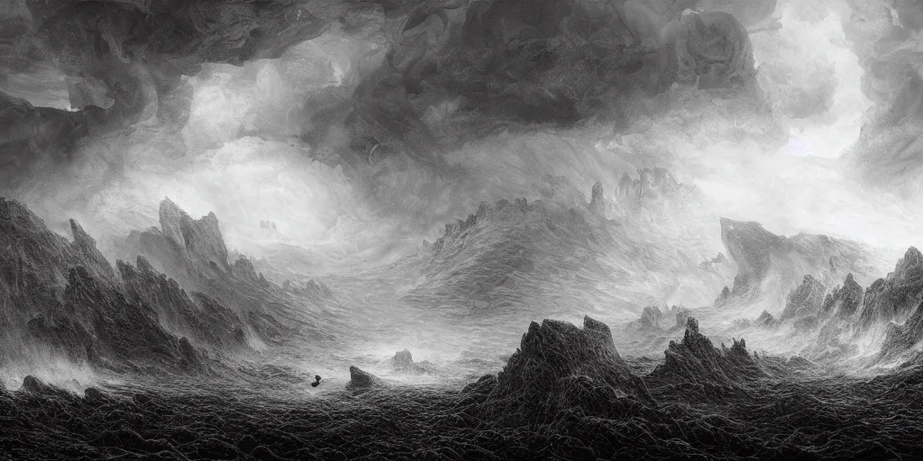 Prompt: in the raging storm, prehistoric landscape, drawn by christan delort and jean gireaud, and gustave dore, graphic black and white, hatching, low camera, wide angle, centered composition, golden ratio