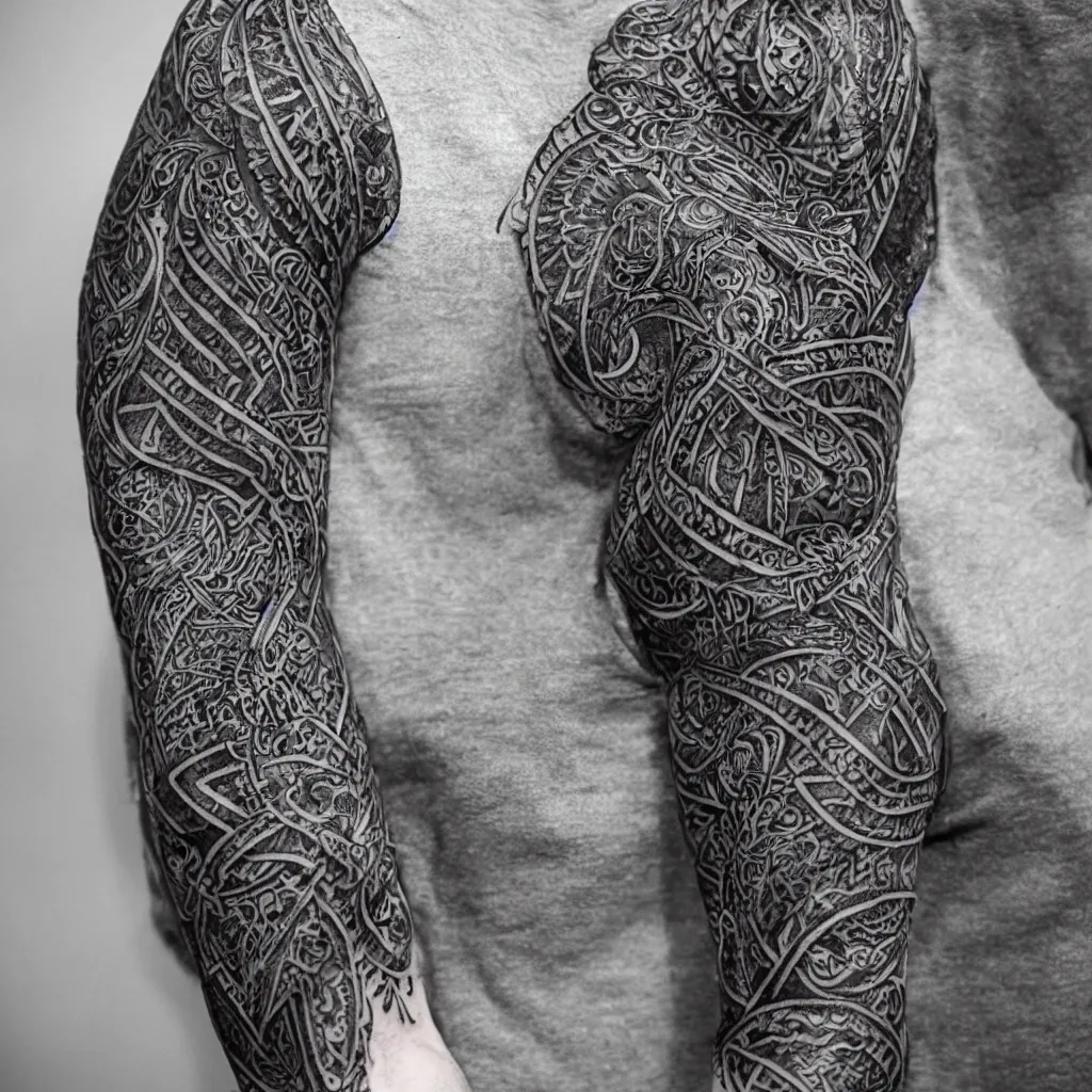 Image similar to photograph of a sleeve tattoo, black ink, intricate celtic pattern in the shape of a raven, highly - detailed, beautiful, award winning, 8 k