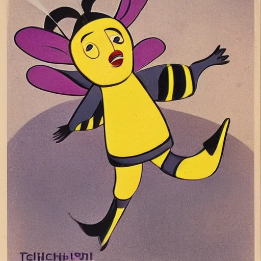 Prompt: 1930s technicolor russia. cartoon about a bee