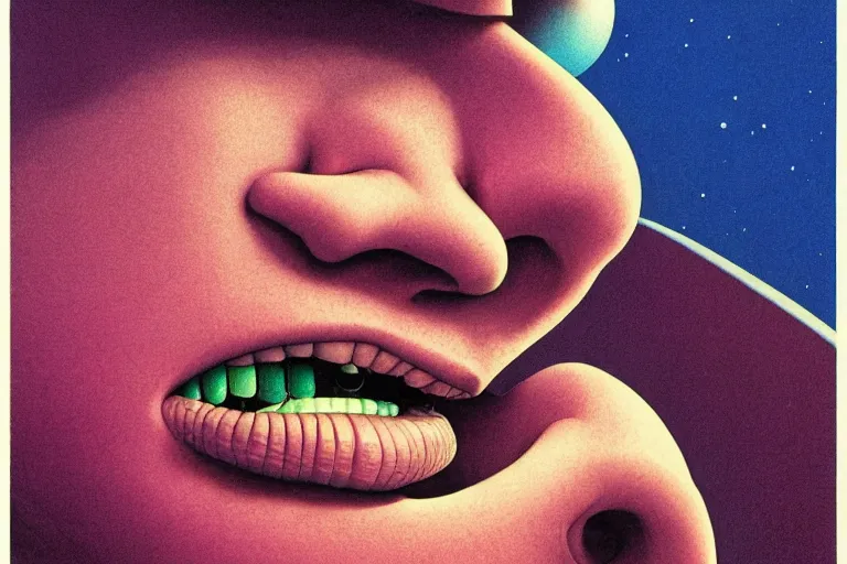 Image similar to a scifi closeup portrait of a young british man licking a blotter paper of LSD acid on his tongue and dreaming psychedelic hallucinations in cosmos, by kawase hasui, moebius, Edward Hopper and James Gilleard, Zdzislaw Beksinski, Steven Outram colorful flat surreal design, hd, 8k, artstation