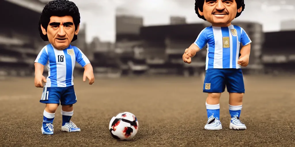 Image similar to funko of maradona with big head, argentina t - shirt, smile, no beard, stand with a ball under his left foot, max resolution, high contrast, cinematic, light cinematic, volumetric, realistic, cinematic lighting, octane render, hyper realistic