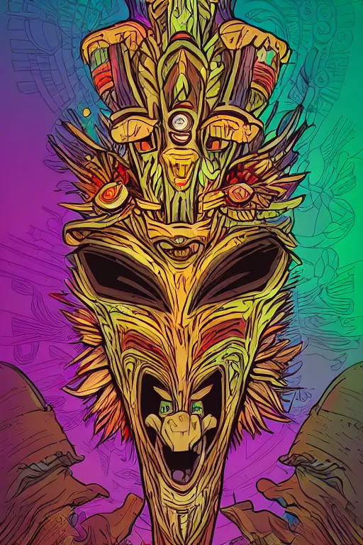 Image similar to totem animal mask tribal feather gemstone plant wood rock shaman vodoo video game vector illustration vivid multicolor borderlands comics by josan gonzales and dan mumford radiating a glowing aura