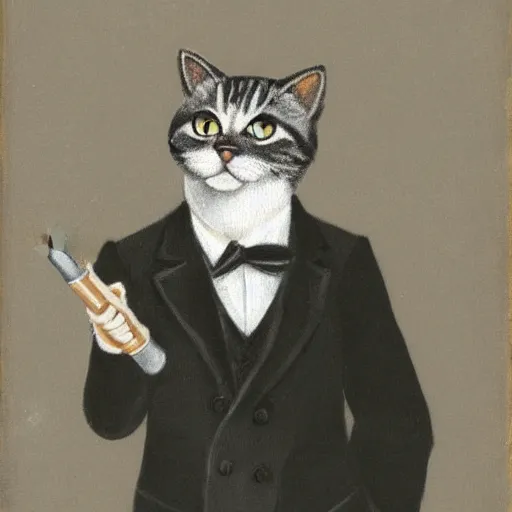 Image similar to cat in suit smoking a pipe, portrait,