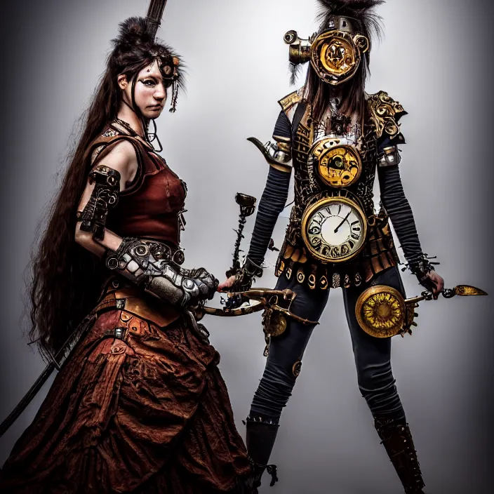 Image similar to full length photo of a real - life very beautiful clockpunk warrior, 8 k, hdr, smooth, sharp focus, high resolution, award - winning photo