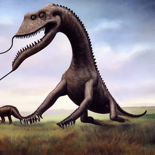 Image similar to hunters chasing a diplodocus in the plains