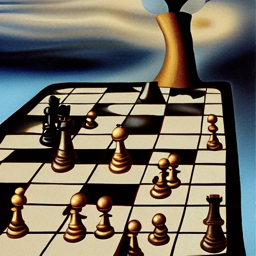 Image similar to painting of chess board in surreal landscape in the style of Salvador Dali