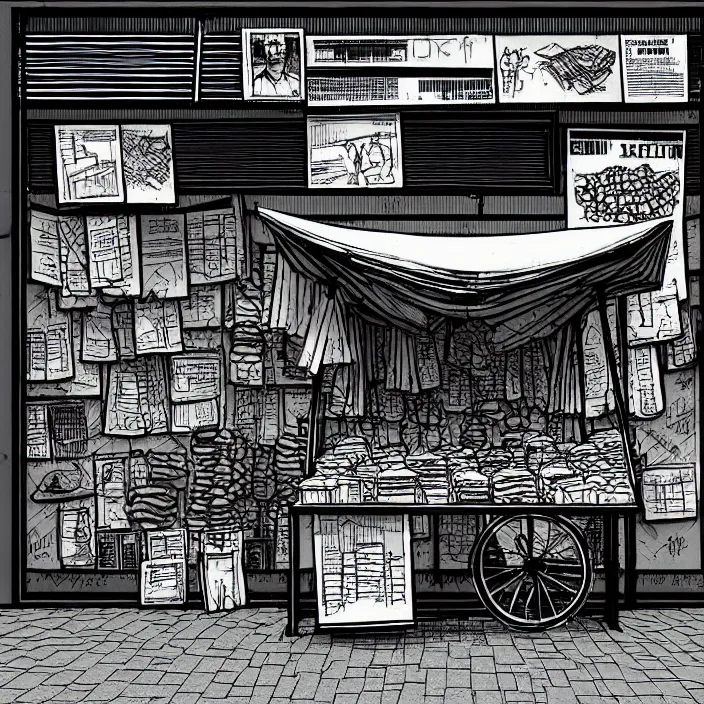 Prompt: close view of a tiny market stall. folded umbrellas for sale on the stall. set in a square. background of an old soviet monument. storyboard, scifi cyberpunk. by gabriel hardman, joe alves, chris bonura. cinematic atmosphere, detailed and intricate, perfect anatomy