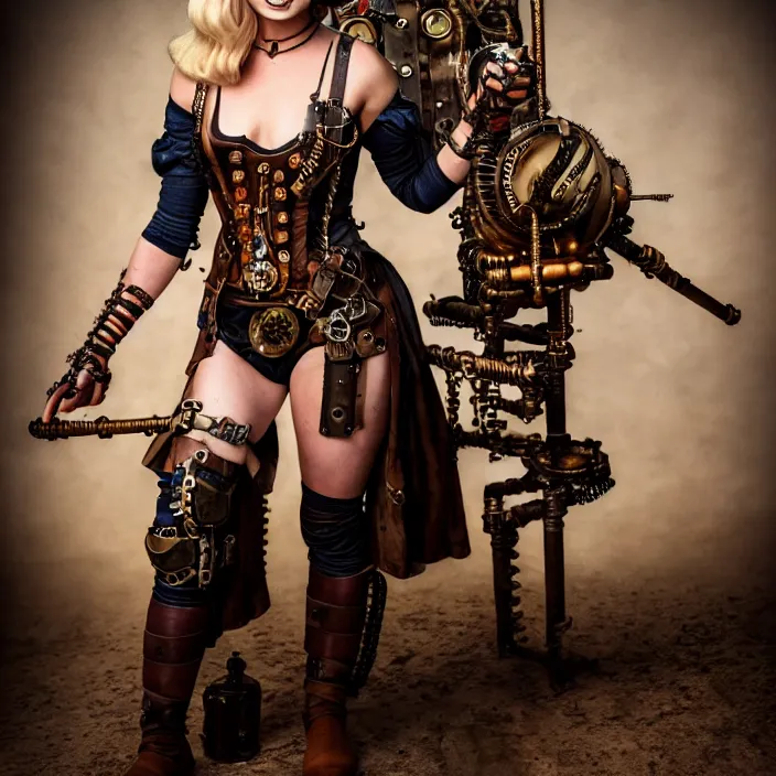 Image similar to full body portrait photograph of a margot robbie as a steampunk warrior. Extremely detailed. 8k