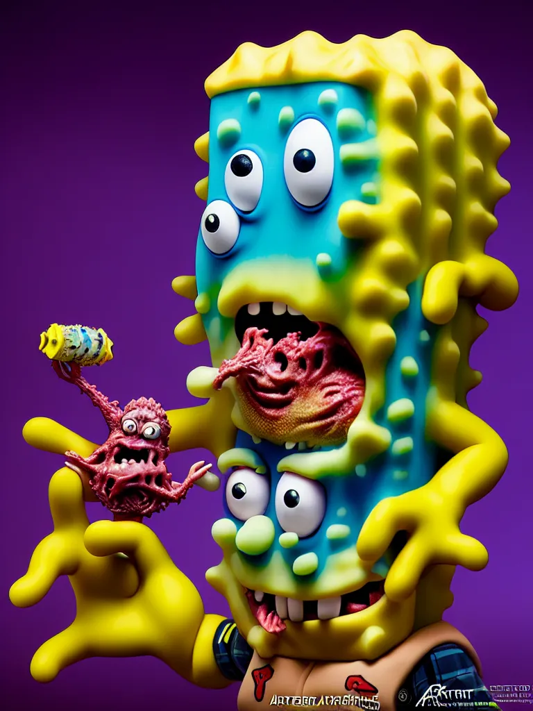 Image similar to hyperrealistic rendering, fat smooth john carpenter flesh monster spongebob by art of skinner and richard corben and jeff easley, product photography, action figure, sofubi, studio lighting, colored gels, colored background