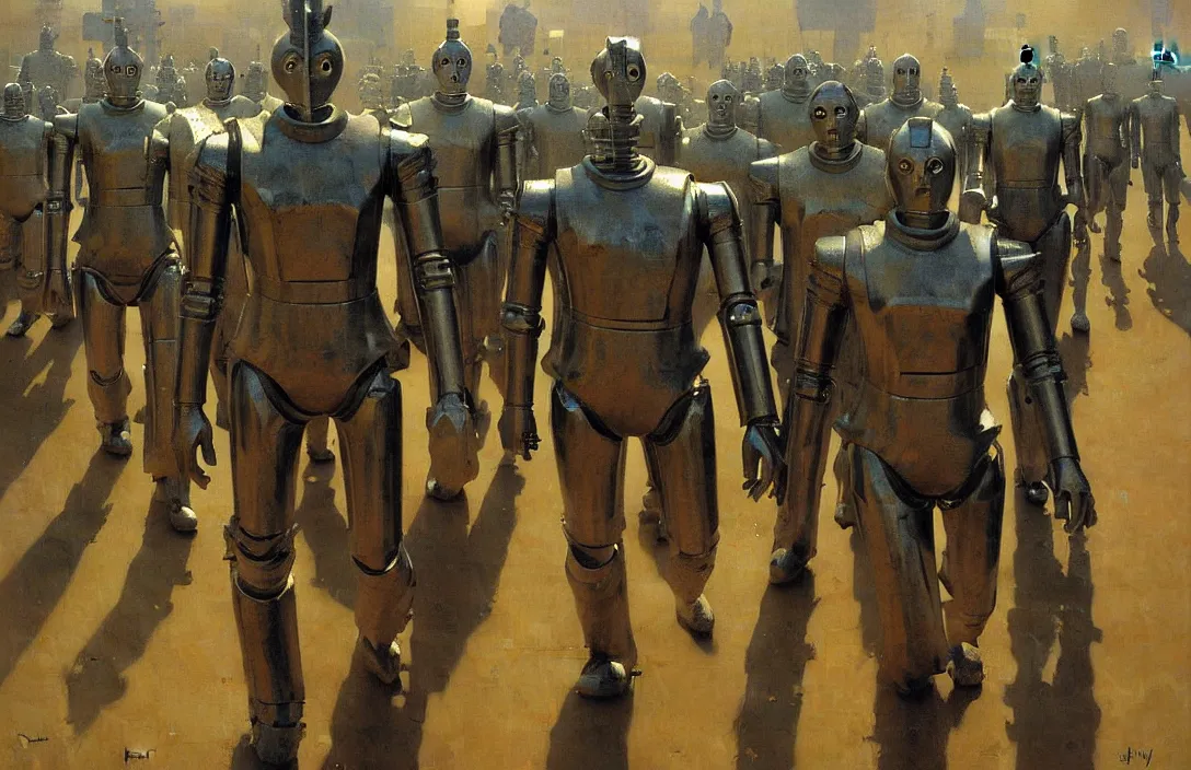 Image similar to march of the cybermen, detailed painting, epic lighting, by ilya repin, phil hale and kent williams