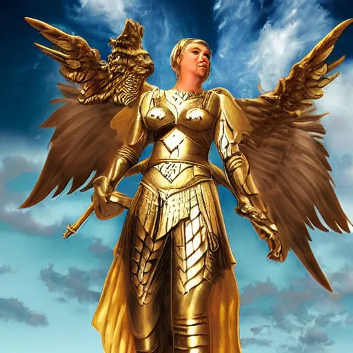 Prompt: a valkyrie warrior with angel wings flying with golden armor in front of a sky background, digital art, highly detailed, photorealism, hyperrealistic