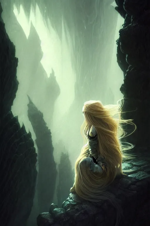 Image similar to A beautiful Norse Goddess with long flowing blonde hair on a ledge od deep abyss fantasy, intricate, elegant, highly detailed, D&D, digital painting, artstation, concept art, matte painting, sharp focus, illustration, extremely moody lighting, glowing light and shadow, atmospheric, shadowy, cinematic, in the style of Greg Rutkowski and artemisia gentileschi and Alphonse Mucha