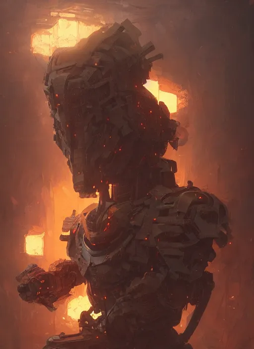 Image similar to a photorealistic dramatic hyperrealistic render of an armored fire golem by wlop, greg rutkowski, alphonse mucha, beautiful dynamic dramatic dark moody lighting, shadows, cinematic atmosphere, artstation, concept design art, octane render, 8 k