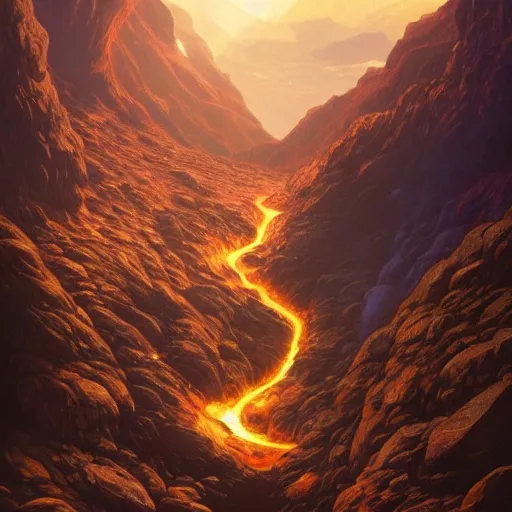 Image similar to a mountain range with a lava tiver flowing through it by akihito tsukushi, backlight, rim lighting, deep focus, d & d, fantasy, intricate, elegant, highly detailed, digital painting, artstation, concept art, matte, centered, sharp focus, illustration, hearthstone, art by artgerm, greg rutkowski and alphonse mucha