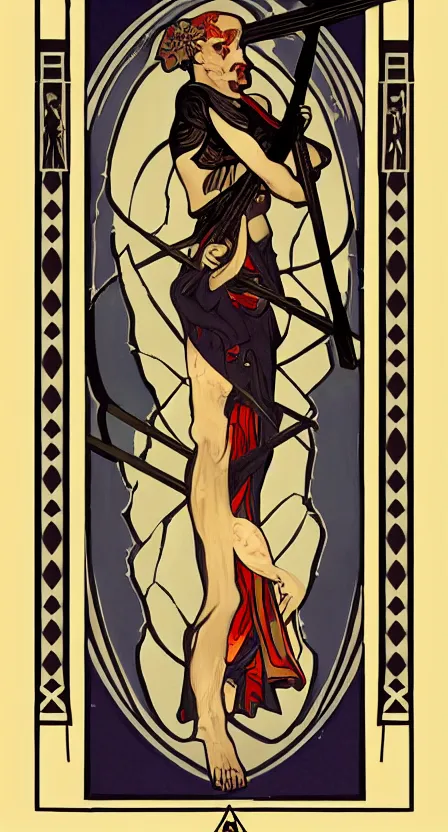 Image similar to a tarot card of the grim reaper with a scythe, standing on a pile of bones. illustrated in an art deco style by tamara de lempika and an elegant border by alphonse mucha. | studio lighting | digital painting, stunning lighting, trending on artstation