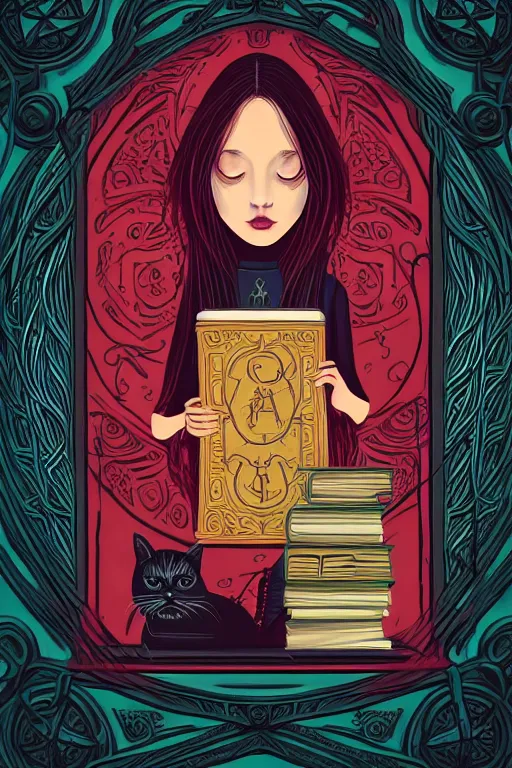 Image similar to ai illustration of romantic girl, her cat and her book of necronomicon, symmetrical, cinematic, sharp focus, 4 k, ultra hd, sense of awe, sinister demonic atmosphere, dreadful, forbidden knowledge, old gods, cthulhu, yog - sothoth! yah, yah, yah! cultist journal cover