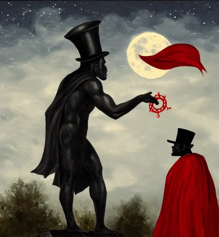 Image similar to a mysterious black man in a cemetery on a full moon night wearing a top hat that hides his face and a beautiful black and red cape while holding a poseidon trident, a realistic painting, moonlight, detailed.