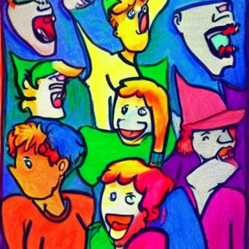 Prompt: people going insane, colored drawing