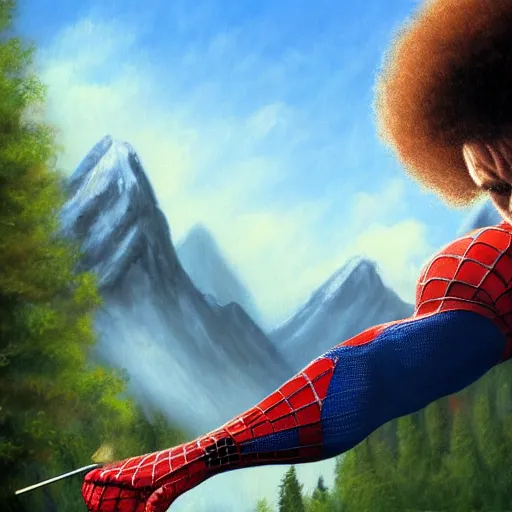 Image similar to a closeup photorealistic photograph of bob ross working on a canvas painting of spiderman. film still. brightly lit scene. mountains and trees. this 4 k hd image is trending on artstation, featured on behance, well - rendered, extra crisp, features intricate detail, epic composition and the style of unreal engine.